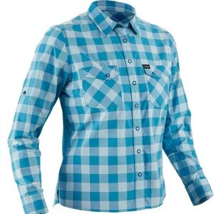 NRS Guide Wear Aqua Blue Checkered Snapped Down Womens Long Sleeve Shirt